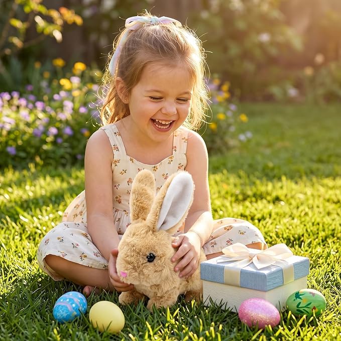 Hunfur Realistic Bunny Toy that Moves, Hopping Walking Bunny Toy for Kids, Interactive Animated Bunny Plush, Cute Electric Bunny Toy Gift for Girls Boys Toddler Easter Toy