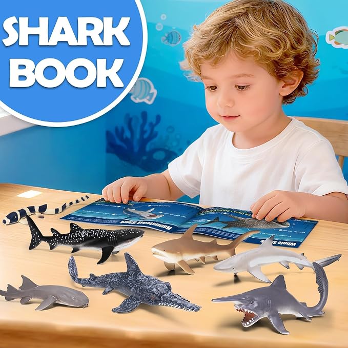 13 Pack Shark Toys Set with Booklet and Gift Box, Realistic Plastic Shark Figurines, Sea Creature Toy for Kid, Shark Party Decoration, Cake Topper, Educational Ocean Animals for Toddlers, Boys Girls