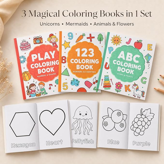 Fun Coloring Book for Kids - Set of 3 Cute Toddler Coloring Books with Big Simple Designs - Educational Activity Water Color Book with Themes for Alphabet, Numbers, Colors & Shapes for Boys and Girls