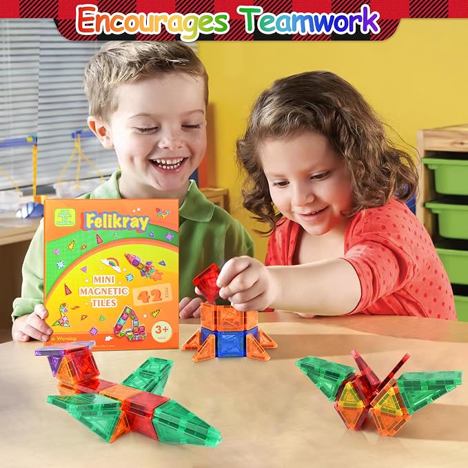42pcs Magnetic Tiles for Kids, Mini Building Blocks Travel Set, STEM Learning Construction Toys for Toddlers 3+, Indoor Activities for Boys & Girls, Birthday Gift, Easter Basket Stuffer