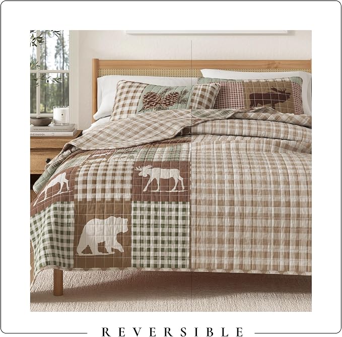 Great Bay Home Lodge Quilt Set - 3-Piece King/California King Size Rustic Bedding Set - Lightweight, All-Season, Reversible Bedspread (Hemlock Green/Brown)