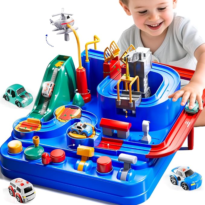 Car Race Track for Kids Ages 4-8, Kids Car Toys for 3 Year Old Boys, Race Track for Toddlers, City Set with 3 Small Cars(14.2 * 14.2 * 9in)