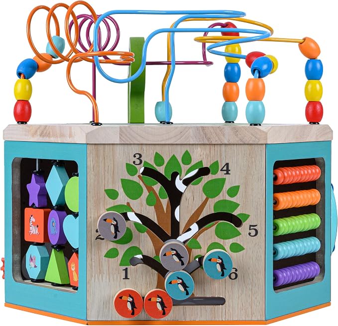 Teamson Kids Preschool Play Lab 7-in-1 Large Wooden Activity Cube Station Center Bead Maze and Counting for Kids Baby Toys, Natural | Large Station Center, Bead Maze, Counting for Kids Baby Toys, Natural