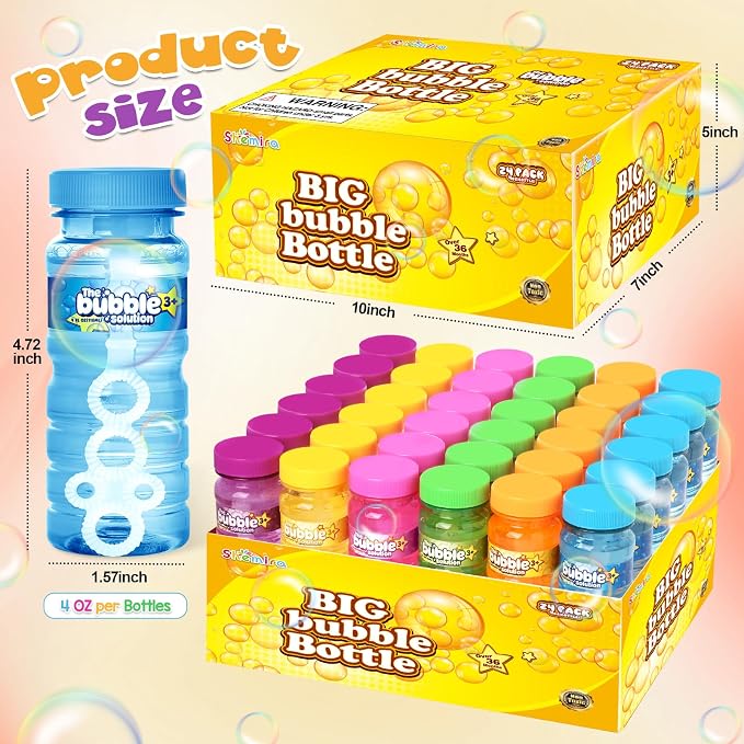 Shemira 24 Pack Bubble Bottles (4oz Bubbles Solution), Bubbles Party Favors for Kids, Bubbles Wand Bulk, Large Bubble Kit, Summer Outdoor Toys for Kids Toddlers, 6 Colors, Bubble Party Favor