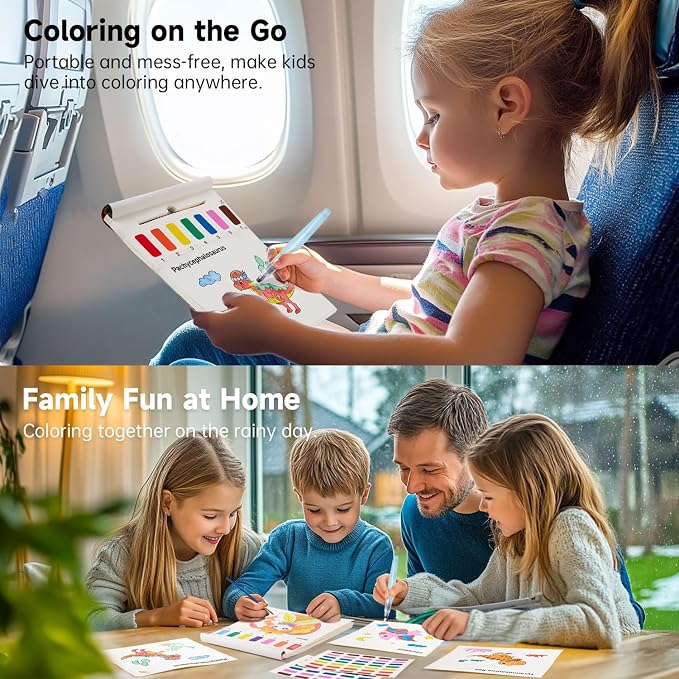 Shuttle Art Paint with Water Coloring Book for Kids, 25 Dinosaur Themed Pages with 2 Brushes, Mess-Free Watercolor Paint Set, Travel-Friendly Art Craft Gift for Toddlers, Birthday Christmas Gift