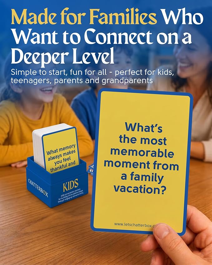 Chatterbox Conversation Cards for Kids, 200 Questions Designed for Kids and Children to Share, Connect and Enjoy Family Game Night, Family Reunion, Dinner Table, School Group Events & Road Trips