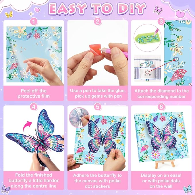 Crafts for Girls 8-12 - Make Your Own Butterfly Diamond Art Kits for Kids - Arts and Crafts for Kids - Diamond Art Paintings with Wooden Stand - 4 5 6 7 10 Year Old Girl Boy Birthday Gift Home Decor