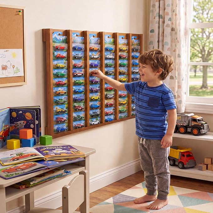 Sintuff Wood Model Car Display Case Wall Mount, 50 Slots Toy Car Organizer for 1: 64 Scale Carded Die-cast Cars, Hanging Storage Rack for Collections Lovers