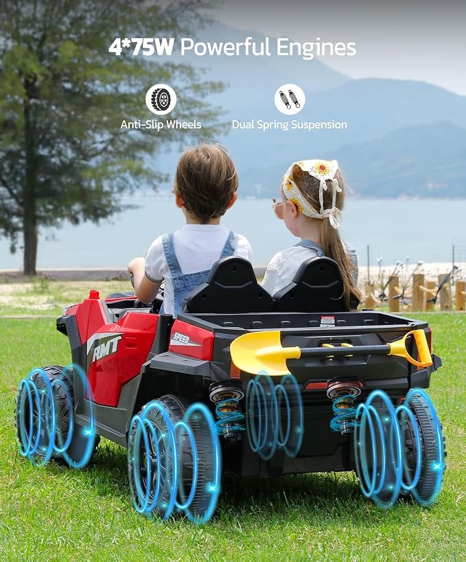 ELEMARA 24V Ride on Toy for Big Kid,Ride on Car 2 Seater w/Sun Shade,Dump Bed & Shovel,4.5MPH,4WD Electric Car for Kids,Battery Car w/Remote,Kids Ride on Truck,3 Speed,LED Lights,Bluetooth, Ruby