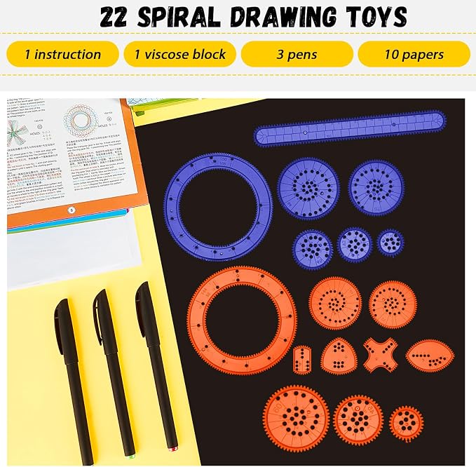 Chivao Spiral Art Kit Circle Stencils Drawing Tool Gear Geometric Ruler Circle Template Drawing Kit Plastic Spiral Curve Stencils with Pens Paper for Back to School Gifts DIY Crafts Sketch(Elegant)