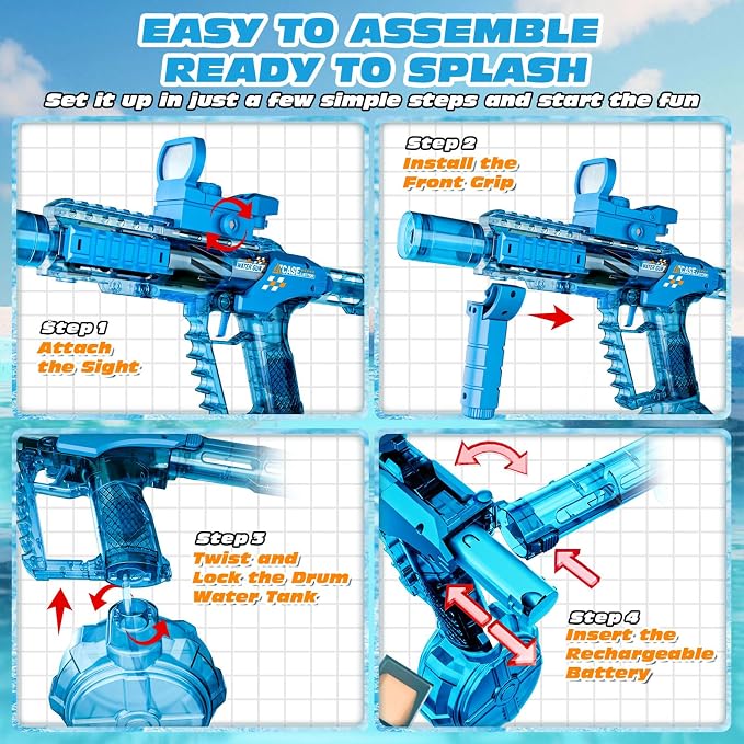 Electric Water Gun for Adults & Kids, Automatic Squirt Gun with 26 FT Range, Flashing Muzzle, USB Rechargeable Battery, 320cc Drum Reservoir, Outdoor Beach Pool Party Toys for Boys Girls,Blue