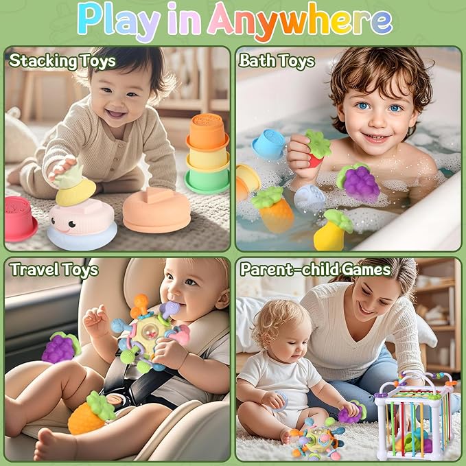 6-in-1 Montessori Baby Toys for 6-12-18 Months, Fun Infant Toys with Shape Sorter Sensory Bin, Stacking Rings, Bath Toys,Soft Fruit, Learning Developmental Toys Gifts for 1 2 3 Year Old Boys Girls