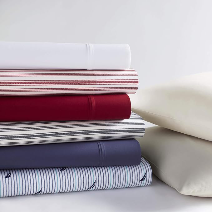 Nautica - Twin Sheets, Cotton Percale Bedding Set, Fully Elasticized, Ideal Dorm Essentials (Coleridge Stripe Red, Twin)