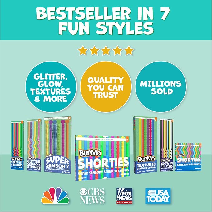 BUNMO Stretchy Strings - Sensory Toys - Stimulating & Addictive Toys for Kids - Fidget Toy - Hours of Fun for Kids - Non-Mouthable Toy 3+ - Mini Sensory 10 Pack
