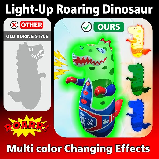 Marwan Sports Dinosaur Punching Bag for Kids Ages 3-10 — 47" Sensory Bop Bag, Glow-in-the-Dark with Roaring Sounds & Color Changing Lights | Indoor Energy Burner & Birthday Gift for Active Kids