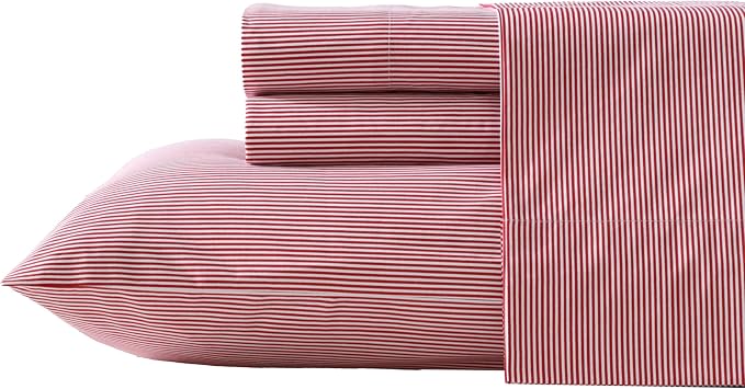 Nautica - Twin Sheet Set, Lightweight & Breathable Cotton Percale Bedding Set with Matching Sham(s), Crisp & Cool Bedding Essentials, Oeko-Tex Certified (Penny Pinstripe Red, Twin)