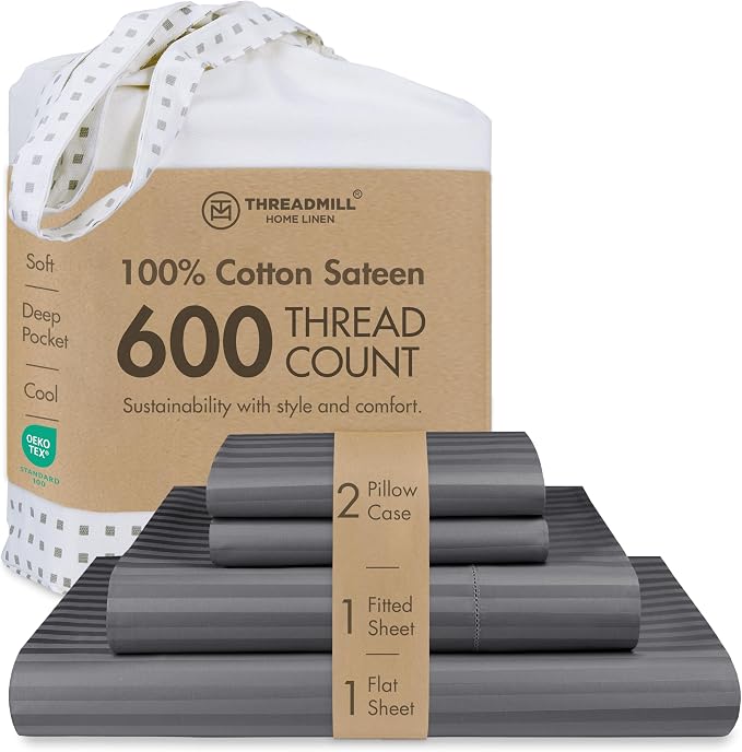 Threadmill 100% Cotton Sheets for Queen Size Bed - 600 Thread Count Queen Bed Sheets Set with 16” Deep Pocket - Damask Stripe Sateen Weave 4-Piece Bedding Set with Cooling Effect, Dark Grey
