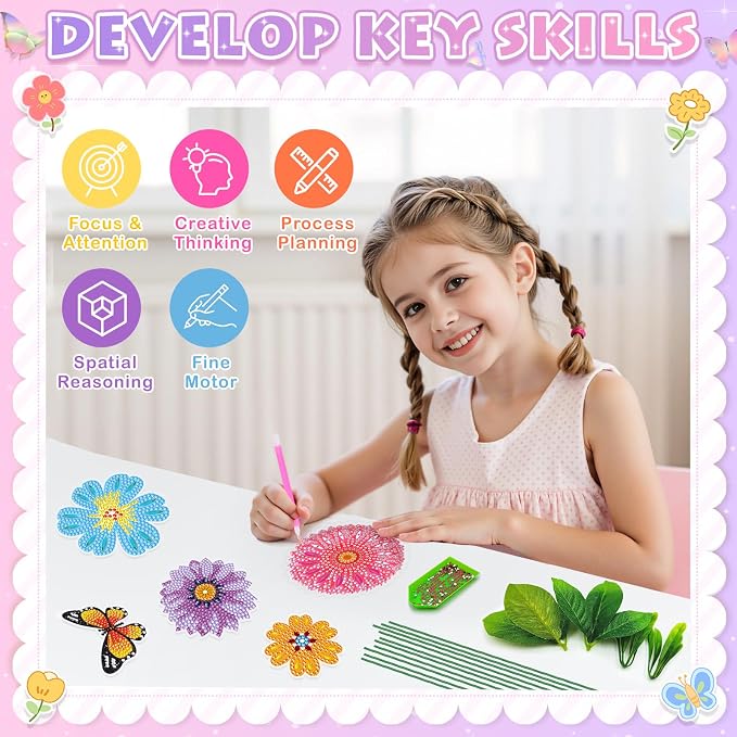 Crafts for Girls 8-12 - Make Your Own GEM Art Flower Bouquet - Arts and Crafts for Kids Ages 8-12 - Diamond Art Kits for Kids - 5D Dimond Art Paintings - DIY Art & Craft Gifts for 4 5 6 7 10 Year Old