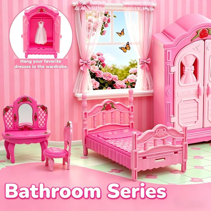 Dollhouse Furniture Set-38 Pcs, Miniature Doll House Accessories with Dogs and Cat ，Kitchen Bedroom Living Room Bathroom Furniture, Great Gift Idea