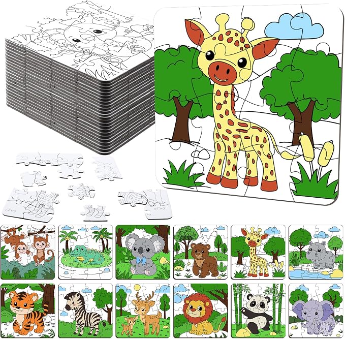 Realspring 24 Pack Wild Animal Color Your Own Jigsaw Puzzles for Kids 3-5, 4-6, 6-8, Coloring Crafts DIY Paper Puzzles Party Favors Gifts for Toddler Children Learning Education Toys