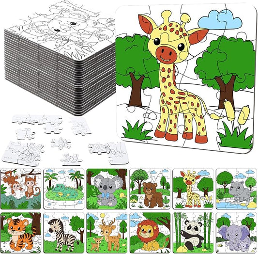 Realspring 24 Pack Wild Animal Color Your Own Jigsaw Puzzles for Kids 3-5, 4-6, 6-8, Coloring Crafts DIY Paper Puzzles Party Favors Gifts for Toddler Children Learning Education Toys