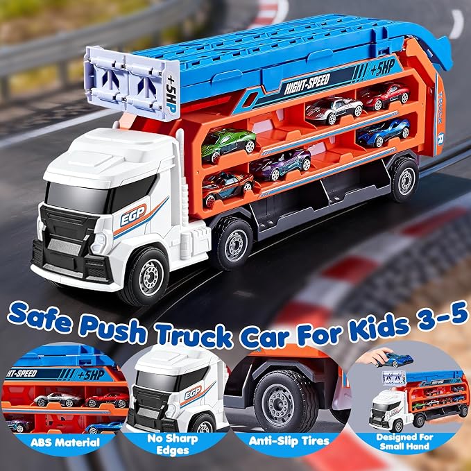 Race Track Truck Toys for 3 4 5 6 Years Old Kids - Carrier Truck Transport Car with 6 Die-Cast Cars Toys, 4-In-1 Truck with 2 Foldable Race Tracks, Christmas Birthday Gifts Toy for Toddler Boys, White