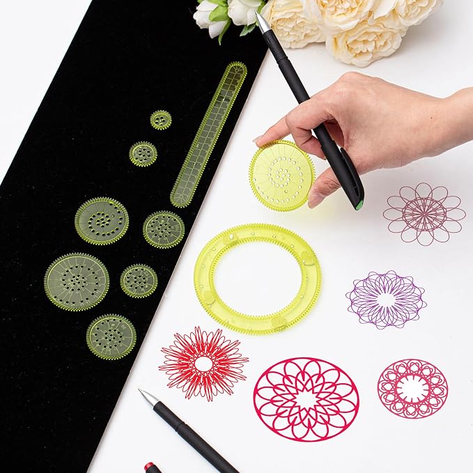 Chivao Spiral Art Kit Circle Stencils Drawing Tool Gear Geometric Ruler Circle Template Drawing Kit Plastic Spiral Curve Stencils with Pens Paper for Back to School Gifts DIY Crafts Sketch(Vivid)