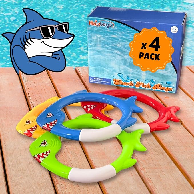 Haktoys Shark Dive Rings Pool Diving Toys for Kids, Sinking Swim Training Toys for Boys & Girls, Underwater Pool Games & Summer Fun, 4-Pack Fish Rings Set