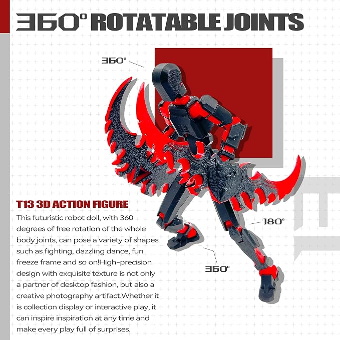 Uodofy (Assembly Completed) T13 3D Action Figure Set,Dummy Robo Titan 13 Action Figures,3D Printed Multi-Jointed Toy (Black Red + Dog)