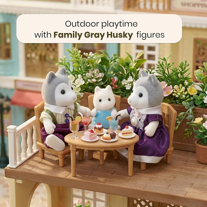 Family Gray Husky Figures — Set of 3 Collectible Flocked Mini Dolls with Removable Clothes, Dollhouse Pretend Play Set for Kids Ages 3+
