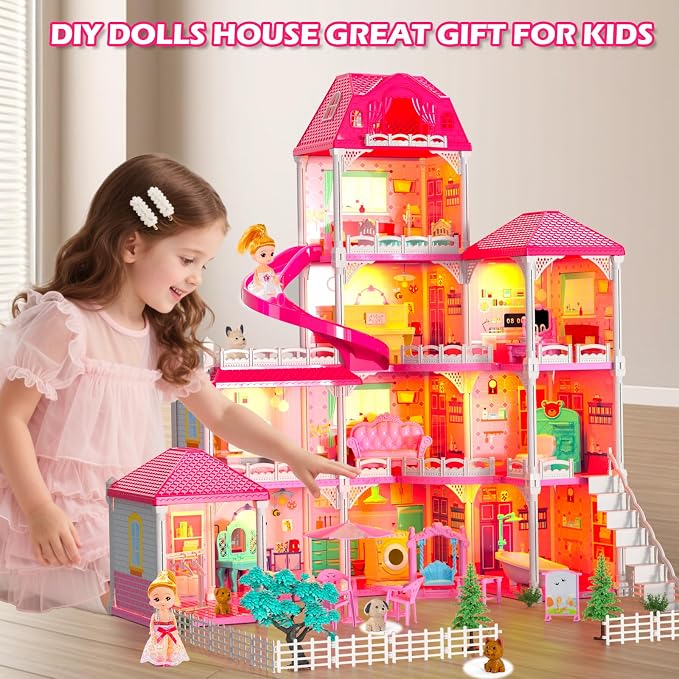 DIY Dollhouses for Girls - 4-Level 10-Room Villa with 2 Dolls, 4 Dogs & Rich Accessories, Dolls House Toys for Kids 4-8 Years Old