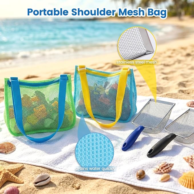 3 otters 2 Pack Beach Mesh Shovel with Mesh Beach Bag for Shell Collecting, Sand Sifters Shell Collect Bag for Kids, Great Shelling Tools