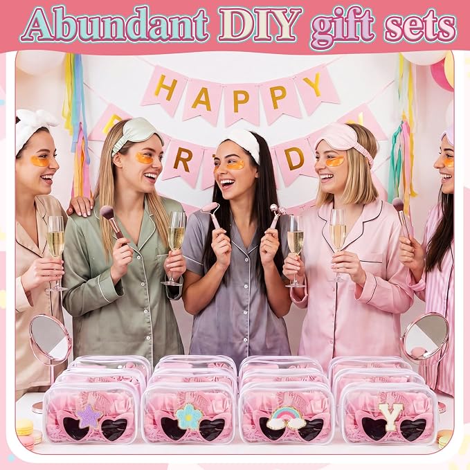 Kacctyen 96 Pcs DIY Clear Cosmetics Bags Kit Including 12 Clear PVC Makeup Bags, 82 Pcs Chenille Letter Patches Self-adhesive Stickers, 2 Crinkle Paper Filler for DIY Craft Sleepover Party Gifts
