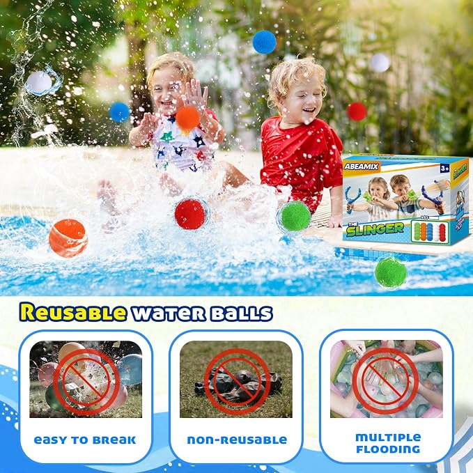 Reusable Water Balloons Set For Kids, 2 PCS Slingshot Launcher With 25 PCS Soft Balls, Outdoor Summer Water Toys For Pool Beach Backyard Water Game Fun, Birthday Party Gift For Boys Girls