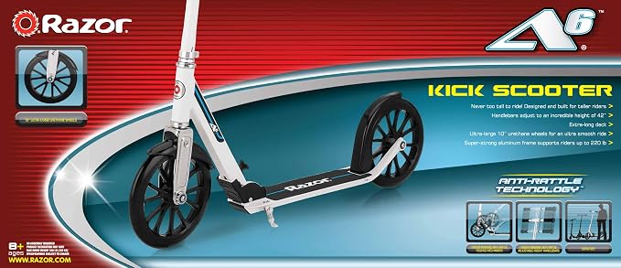 Razor A6 Kick Scooter for Kids Ages 8+ - Extra-Tall Handlebars & Longer Deck, 10" Urethane Wheels, Aluminum Frame, Anti-Rattle Technology, for Riders Up to 220 lbs