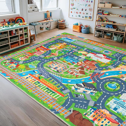 Car Rug Play Mat for Kids Toy Cars, Road Traffic Playmat for Kid Bedroom, Non-Slip Machine Washable Town City Race Track Carpet for Learn and Have Fun 5'x7'/ 60"x84"