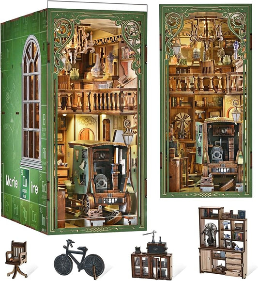 MiniCity Book Nook Kit, DIY Doll House Booknook, Miniature Kit for Bookshelf Doll Houses for Adults Teen Halloween, 3D Wooden Puzzle Bookends with Led Light and Dust Cover (The Radium Lady)