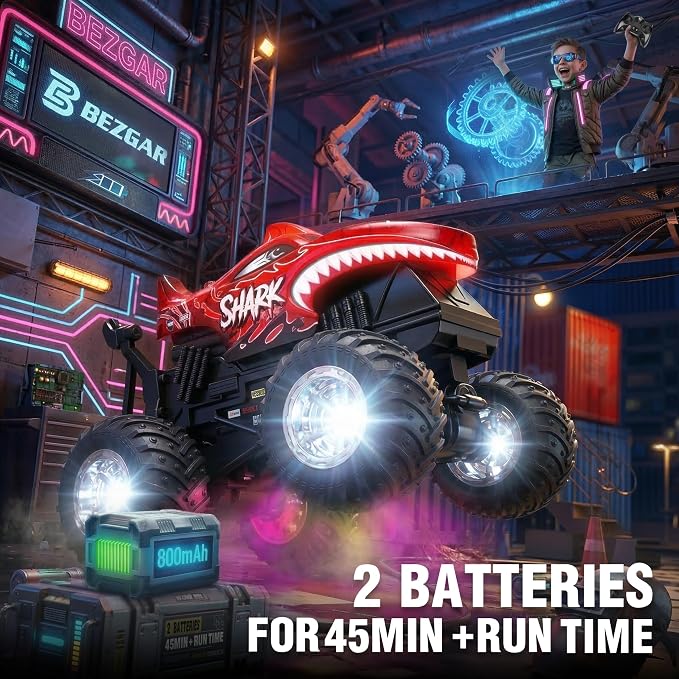 BEZGAR 1:20 Shark Monster Truck Toys, 360°Stunt RC Cars Rotation Monster Trucks with Music, 2 Batteries and Wireless LED Strobe Lights, Remote Control Car for Boys 4 5 6 7 8 9 Years Old(Red)