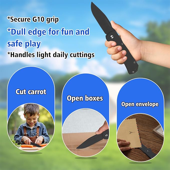 JIN Alpha Kids Pocket Knife, Safe Toy Knives, Dull G10 Blade, Folding EDC, DIY Making Kit, Fake Knife, Black G10 Blade Handle, Camping Tool