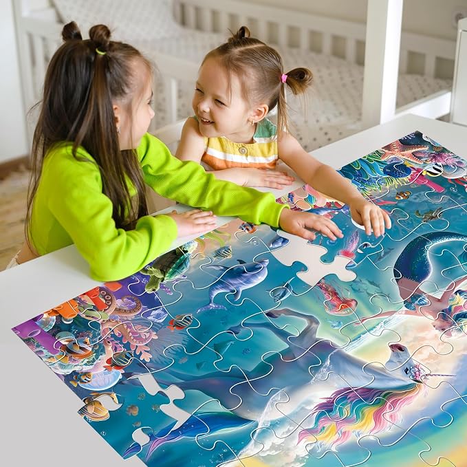 Jumbo Floor Puzzle for Kids Ages 4-8, 48-Piece Unicorn and Mermaid Underwater Jigsaw Puzzle, Large Educational Toys for Toddler Girls and Boys, Easter Gift for 3-5 Year Olds