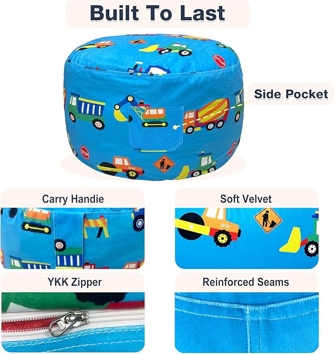 Lukeight Stuffed Animals Storage Bean Bag Chair Cover for Kids, Cozy Velvet Plush Toy Organizer Seat, Cover Only, No Filling Included, Long YKK Zipper, Side Pocket, X-Large 30 x 18 in