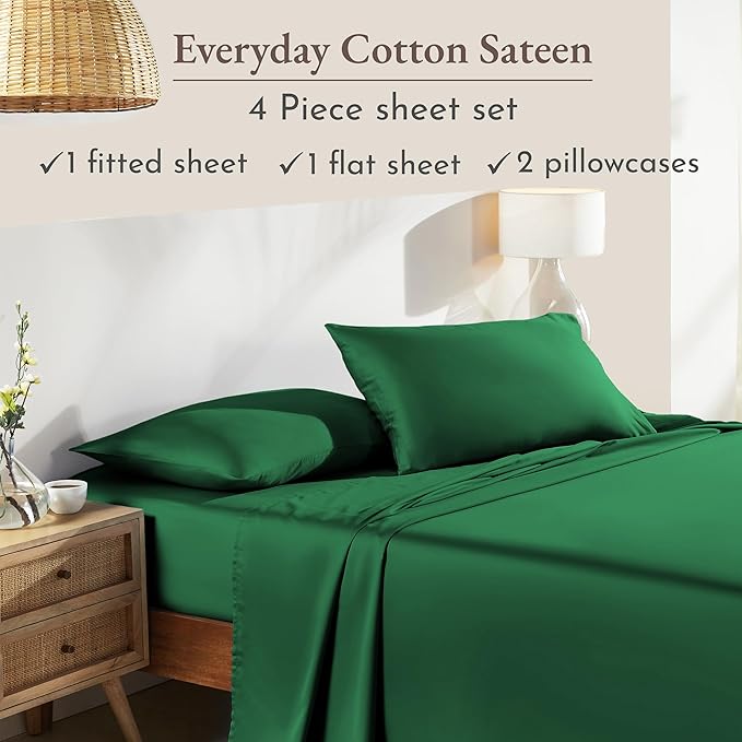 California Design Den Deep Pocket Queen Sheets Set - Natural 100% Cotton Sheets Queen Size Bed Set, Soft Sateen Weave, Breathable and Durable Bedding (Emerald Green)