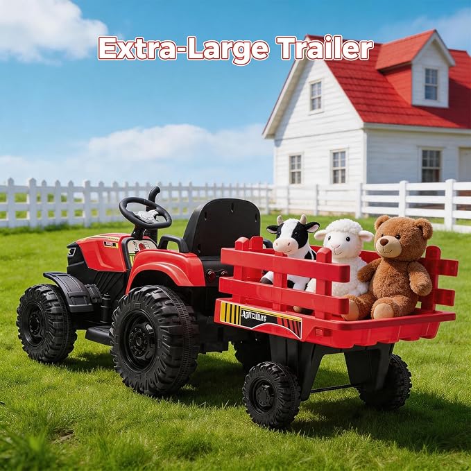 24V Kids Ride-On Tractor with Trailer, 400W Electric Farm Truck with Remote & Pedal Control, Headlights, USB MP3, Power Display, Adjustable Speeds, Safety Belt, Ride-On Toy Gift, Red