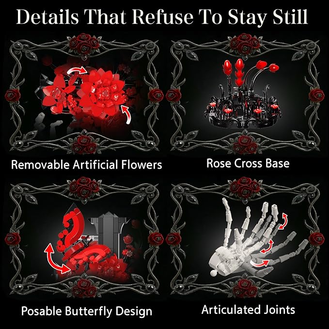 Gothic Decor Gothic Cross with Skull Hands Building Set – 8+ Halloween Decor, Bone Hands Holding Flower Cross & Butterfly, Home Office Shelf Accent, Valentine’s Day Gift for Adults(901PCS)