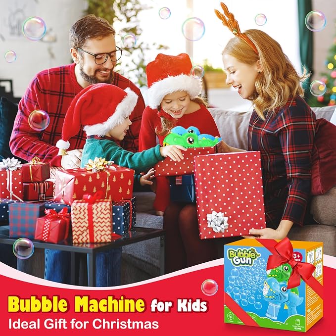 Kids Bubble Gun 2 Pack Dino Bubble Machine Gun for Toddlers with 4 Solutions Outdoor Toys Automatic 13-Hole Bubbles for Kids Blower Maker Easter Basket Stuffers Valentines Gift Party for Boys Girls