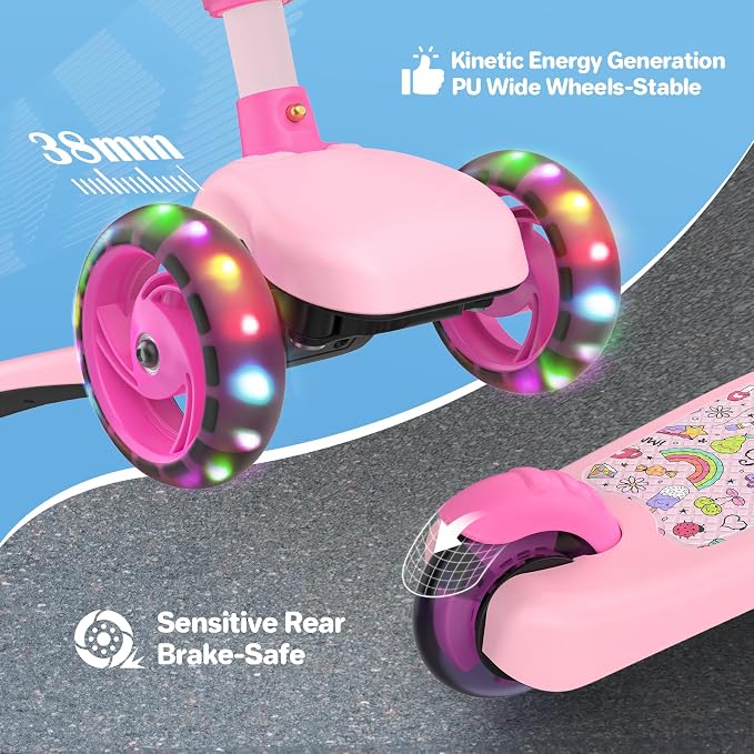 TONBUX Kids Scooter with Seat, 3 Wheels Scooter with PU Luminous Wheels, Non-Slip Handle and Wide Deck, Sensitive Brakes, 4-Level Adjustable Height, Scooters for Kids 2–8 Years