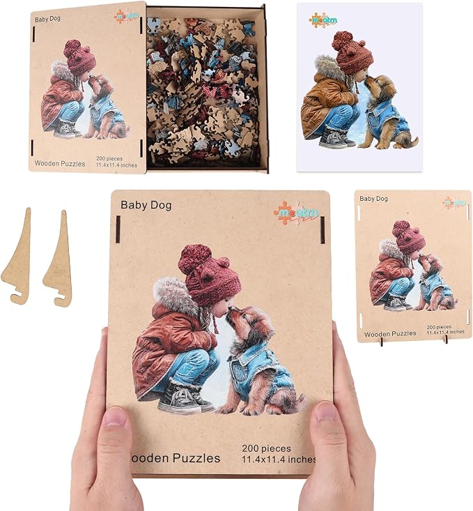 MEATRN Wooden Puzzles for Adults - Little Girl Kissing Puppy, 509 Pcs, 16.8x17 in, Cute Animal Wood Jigsaw Puzzle, Heartwarming Parent-Child Game, Birthday Gift for Kids Home Décor