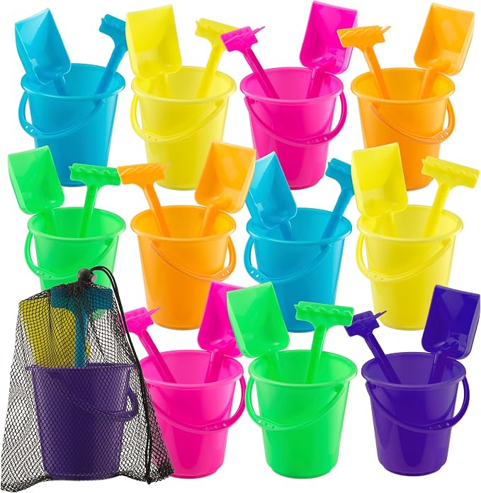 Mini 4.5-Inch Beach Buckets for Kids - (36 Pack) Sand Buckets and Shovels w/Rakes & Mesh Bags - Small Beach Pails - Sturdy Unbreakable Plastic - Beach Party Favors & Giveaways for Toddlers Ages 3-6