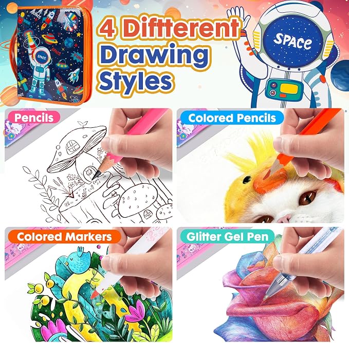 Washable Markers Set with Glitter Pencil Case, Art Supplies for Kids Ages 4-6-8, Arts Crafts Travel Coloring Kit for Boys 4 5 6 7 8 Year Old Birthday Gifts