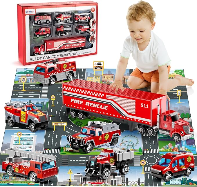 NIPLOOOW Fire Toys for 3 4 5 6 Years Old Boys Girls Kids, Die Cast Metal Fire Truck Toys W/Play Mat, Rescue Emergency Fire Truck Car Toy, Toddler Car Toy Christmas Birthday Gifts for Boys